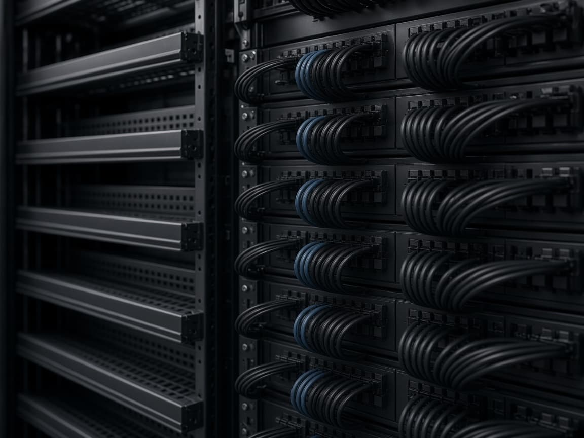 Close-up of structured network cabling and dark rack hardware in an enterprise facility.